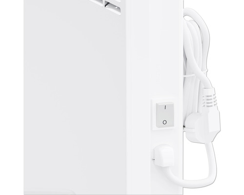 Vue détaillée d''un radiateur blanc avec interrupteur et câble