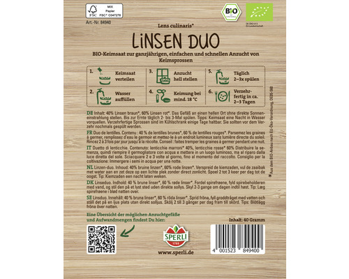 Paquet de graines germées Duo de lentilles avec instructions