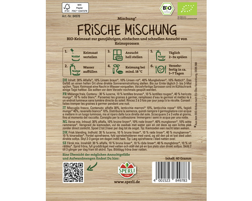 Sachet de graines pour mélange de jeunes pousses fraîches avec instructions de culture et logo Sperli