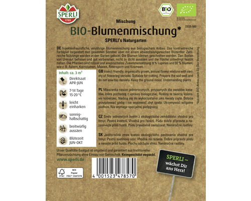 Paquet de graines de mélange de fleurs biologiques de Sperli pour le jardin naturel