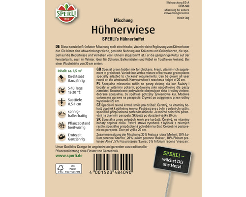 Mélange de graines Prairie pour poules de Sperli pour un complément vitaminé à l''alimentation à base de céréales