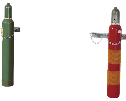 Deux bouteilles de gaz avec support mural et chaîne de fixation.