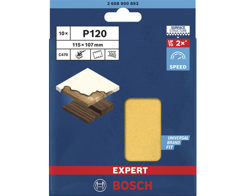 Feuille abrasive pour ponceuse vibrante Bosch Professional, 115x107mm, grain 120, 8 trous, 10 pièces