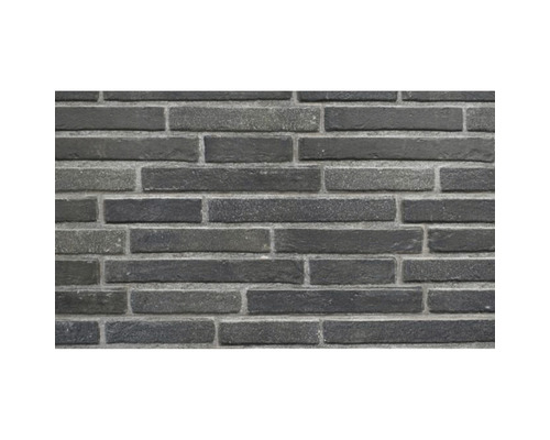 Mur en plaquettes de parement en brique foncée.