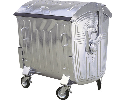 Grand conteneur à déchets mobile avec couvercle coulissant en acier zingué 1100 l Conteneur à déchets en métal avec roulettes