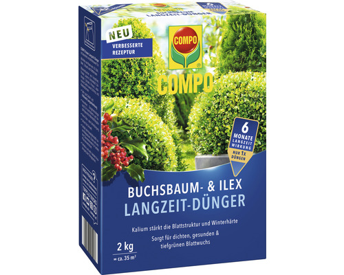 Buchsbaum- & Ilex-Langzeitdünger COMPO mit Kalium 2 kg Packung Buchsbaum und Ilex Langzeitdünger von Compo, 2 kg