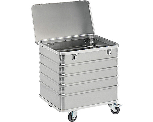 Valise de transport en aluminium ouverte avec roulettes