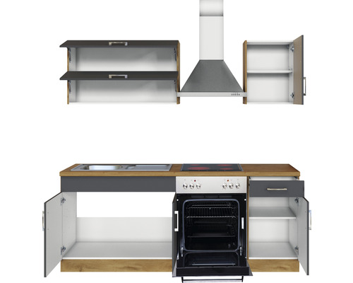Komplette Küchenzeile mit Spüle, Herd, Backofen, Dunstabzugshaube und Schränken