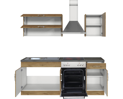 Küchenzeile mit Spüle, Herd, Backofen, Dunstabzugshaube und Hängeschränken