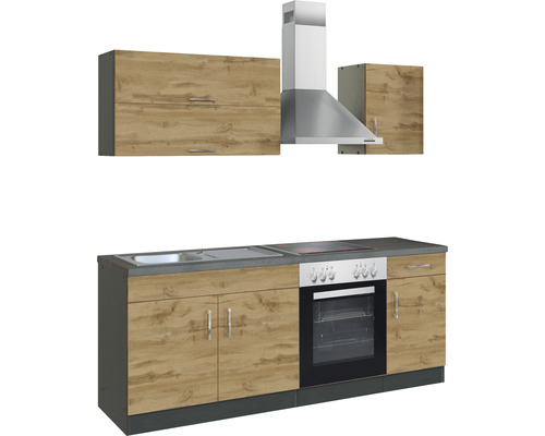 Komplette Küche mit Spüle, Kochfeld, Backofen, Dunstabzugshaube und Schränken