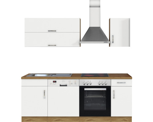 Küchenzeile mit Spüle, Geschirrspüler, Kochfeld, Ofen und Dunstabzugshaube