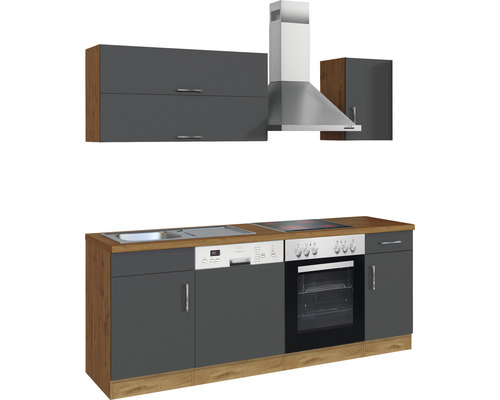 Komplette Küche mit Spüle, Geschirrspüler, Backofen, Kochfeld, Dunstabzugshaube und Hängeschränken