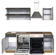 Küchenzeile mit Spüle, Geschirrspüler, Herd, Backofen, Dunstabzugshaube und Schränken