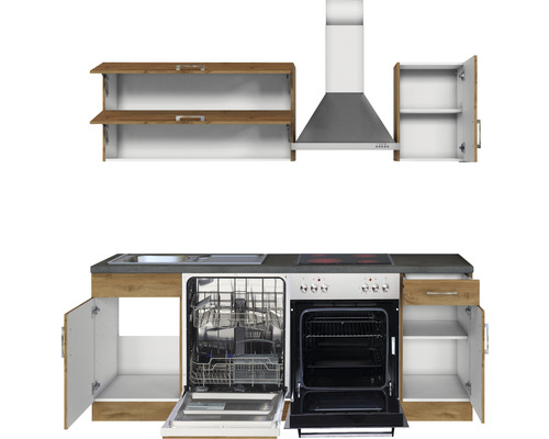 Küchenzeile mit Spüle, Geschirrspüler, Backofen, Herd und Dunstabzugshaube sowie Hänge- und Unterschränken