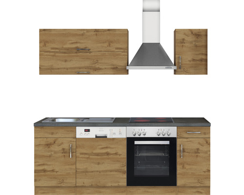 Küchenzeile mit Spüle, Geschirrspüler, Herd, Backofen, Dunstabzugshaube und Hängeschränken