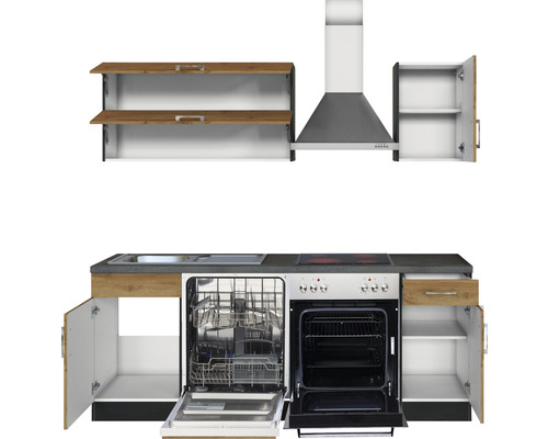 Cuisine complète avec évier, plaque de cuisson, lave-vaisselle, four, hotte et armoires