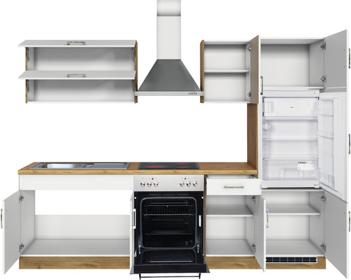 Küchenzeile mit Hängeschränken, Dunstabzugshaube, Spüle, Herd, Backofen und Kühlschrank