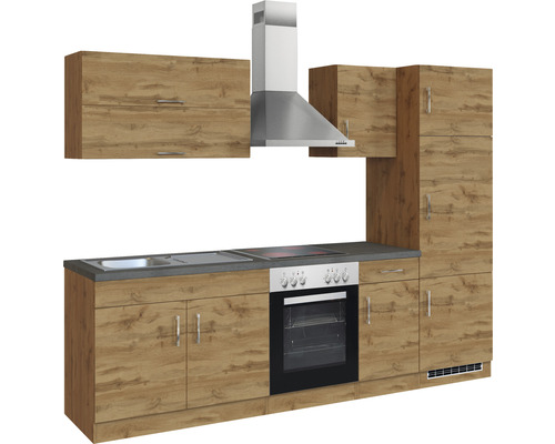 Komplette Küchenzeile mit Spüle, Kochfeld, Backofen, Dunstabzugshaube und Schränken in Holzoptik.