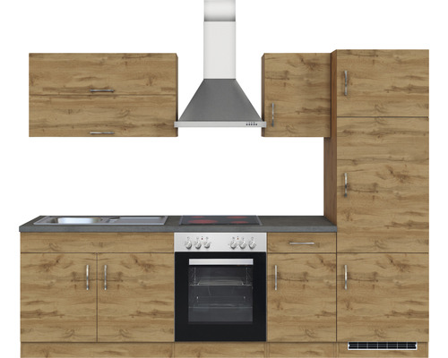 Küchenzeile mit Spüle, Herd, Backofen und Dunstabzugshaube