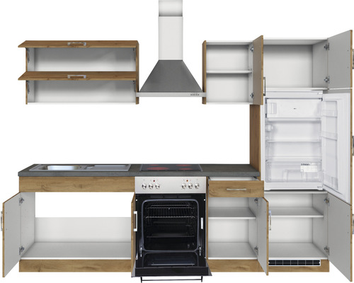 Komplette Küche mit Schränken, Spüle, Herd, Dunstabzugshaube und Kühlschrank