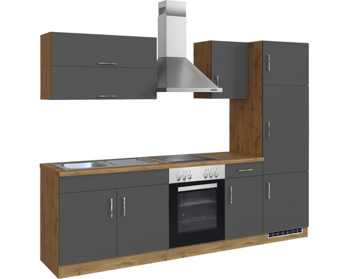 Moderne Küchenzeile mit Spüle, Herd, Backofen, Dunstabzugshaube und Schränken