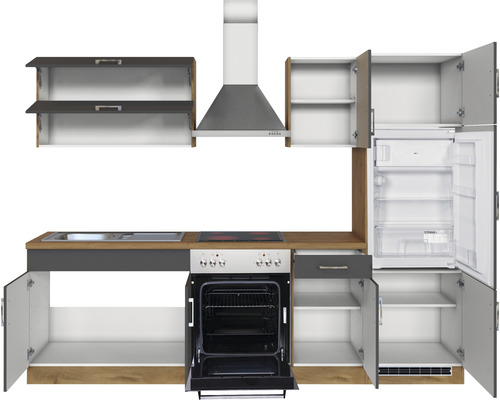 Küchenzeile mit Hängeschränken, Spüle, Herd, Backofen und Kühlschrank