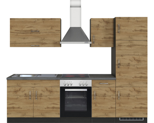 Küchenzeile mit Spüle, Herd, Backofen und Dunstabzugshaube