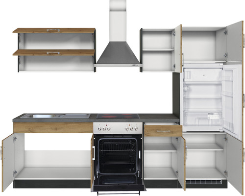 Küchenzeile mit Spüle, Herd, Dunstabzugshaube und Kühlschrank