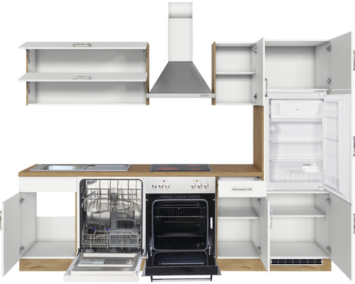 Einbauküche mit Spüle, Geschirrspüler, Herd, Backofen, Kühlschrank und Dunstabzugshaube