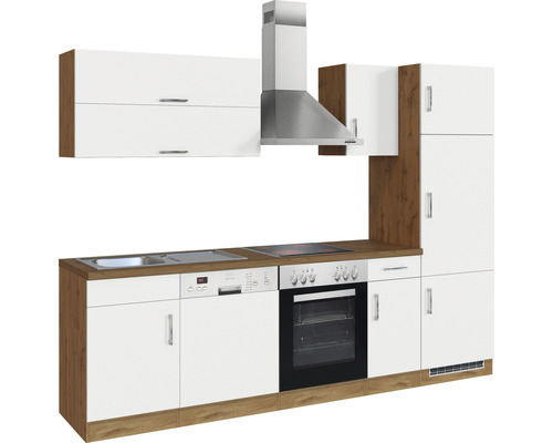 Küchenzeile mit Spüle, Geschirrspüler, Backofen, Kochfeld, Dunstabzugshaube und Schränken