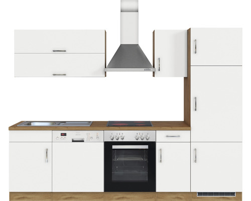 Küchenzeile mit Spüle, Geschirrspüler, Herd, Backofen, Dunstabzugshaube und Schränken