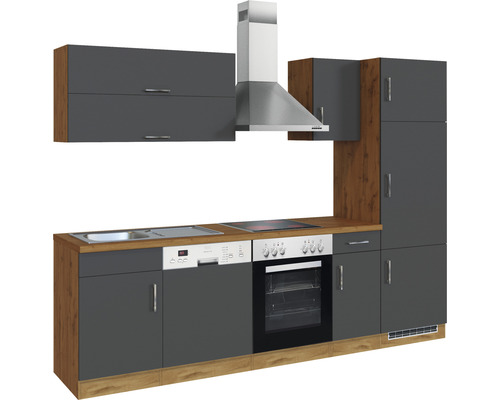 Komplette Küchenzeile mit Spüle, Geschirrspüler, Herd, Backofen, Dunstabzugshaube und Hängeschränken.