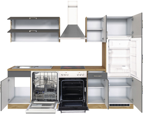 Küchenzeile mit Spüle, Geschirrspüler, Herd, Dunstabzugshaube, Kühlschrank und Schränken