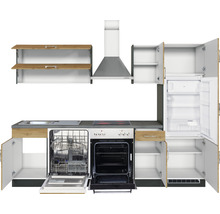 Cuisine moderne avec évier, lave-vaisselle, cuisinière, four, hotte et réfrigérateur