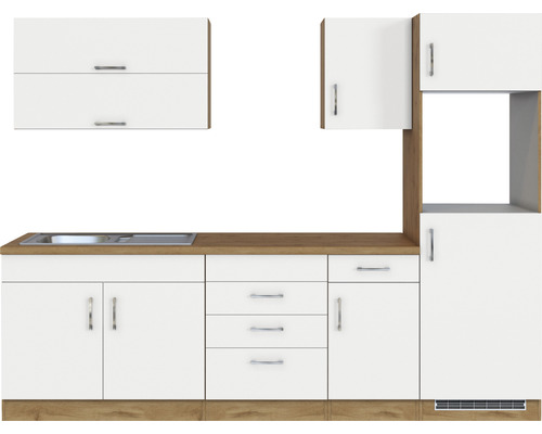 Küchenzeile mit Spüle, Schränken und Schubladen in Holz- und Weißoptik.