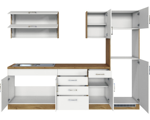 Küchenzeile mit Spüle, Schubladen und Schränken