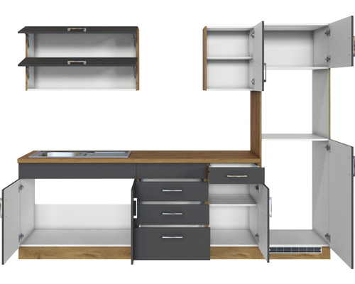 Küchenzeile mit Spüle, Schränken und Schubladen in moderner Optik