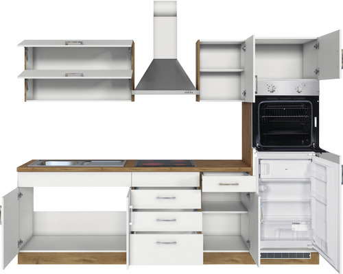 Komplette Küchenzeile mit Spüle, Kochfeld, Backofen, Dunstabzugshaube, Kühlschrank und Schränken