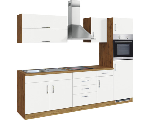 Komplette Küche mit Spüle, Herd, Dunstabzugshaube und Backofen