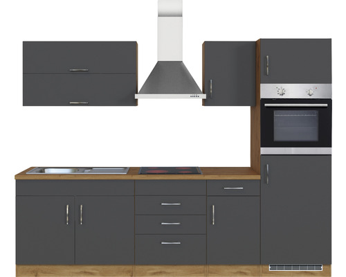 Moderne Küchenzeile mit Spüle, Kochfeld, Dunstabzugshaube und Backofen.