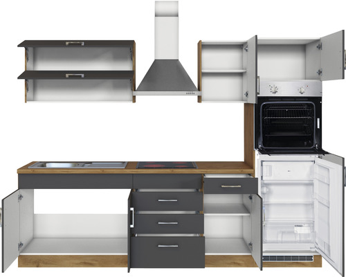 Komplette Küchenzeile mit Spüle, Kochfeld, Dunstabzugshaube, Backofen, Kühlschrank und Schränken