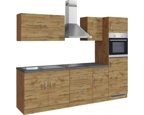 Küchenzeile mit Spüle, Kochfeld, Dunstabzugshaube und Einbaubackofen