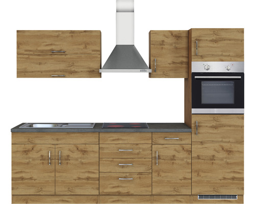 Küchenzeile mit Spüle, Kochfeld, Dunstabzugshaube und Backofen