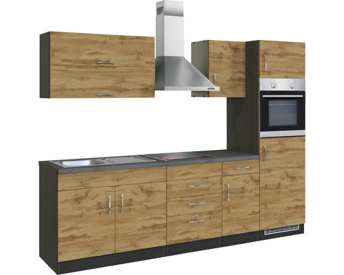 Komplette Küchenzeile mit Spüle, Kochfeld, Dunstabzugshaube und Backofen in Holzoptik
