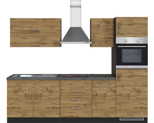 Küchenzeile mit Spüle, Kochfeld, Dunstabzugshaube und Backofen