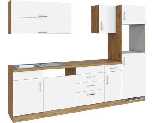 Küchenzeile mit Spüle, Unterschränken und Hängeschränken in Holzoptik und Weiss