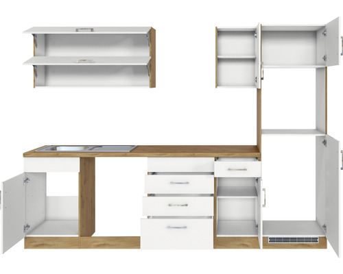 Küchenzeile mit Spüle, Schubladen und Schränken