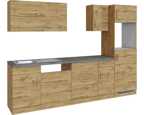 Komplette Küchenzeile mit Spüle, Schubladen und Hängeschränken in Holzoptik