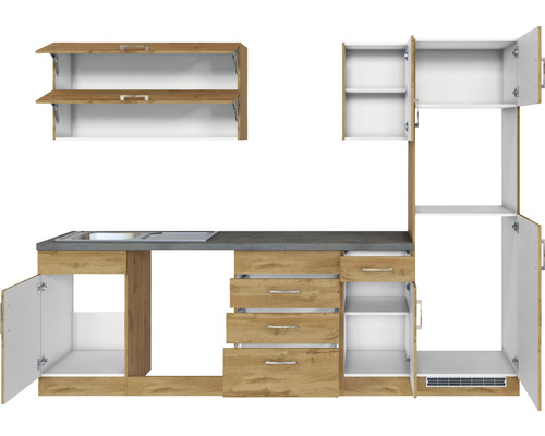 Küchenzeile mit Spüle, Schubladen und Schränken