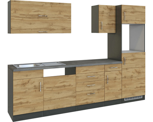 Komplette Küchenzeile mit Spüle und Ober- und Unterschränken in Holzoptik